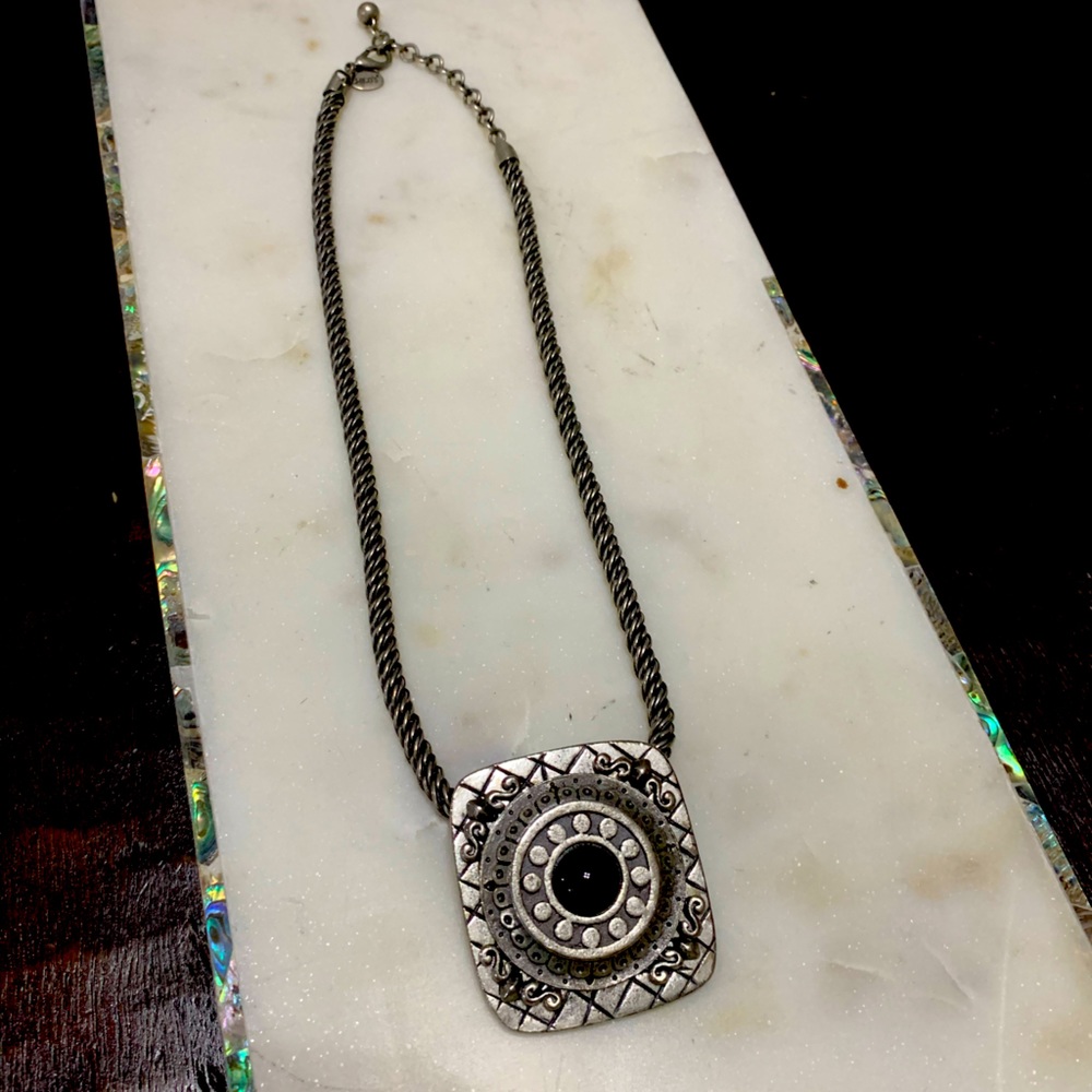 Cookie Lee’s antique silver chain & square bold chunky pendant necklace